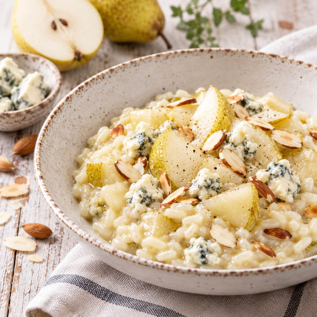 Carnaroli pere, Gorgonzola e mandorle